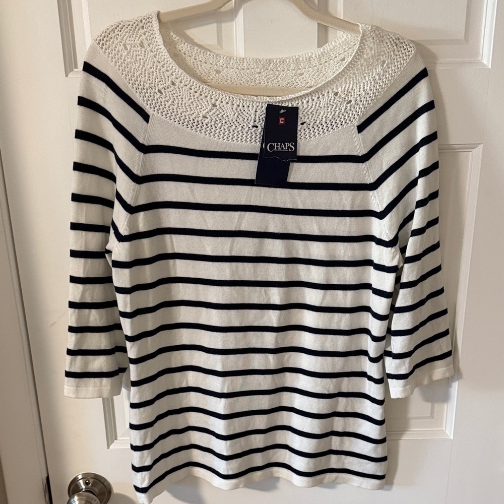 Chaps Navy/White Striped Pullover Sweater Crochet Lace Neckline Large NEW
